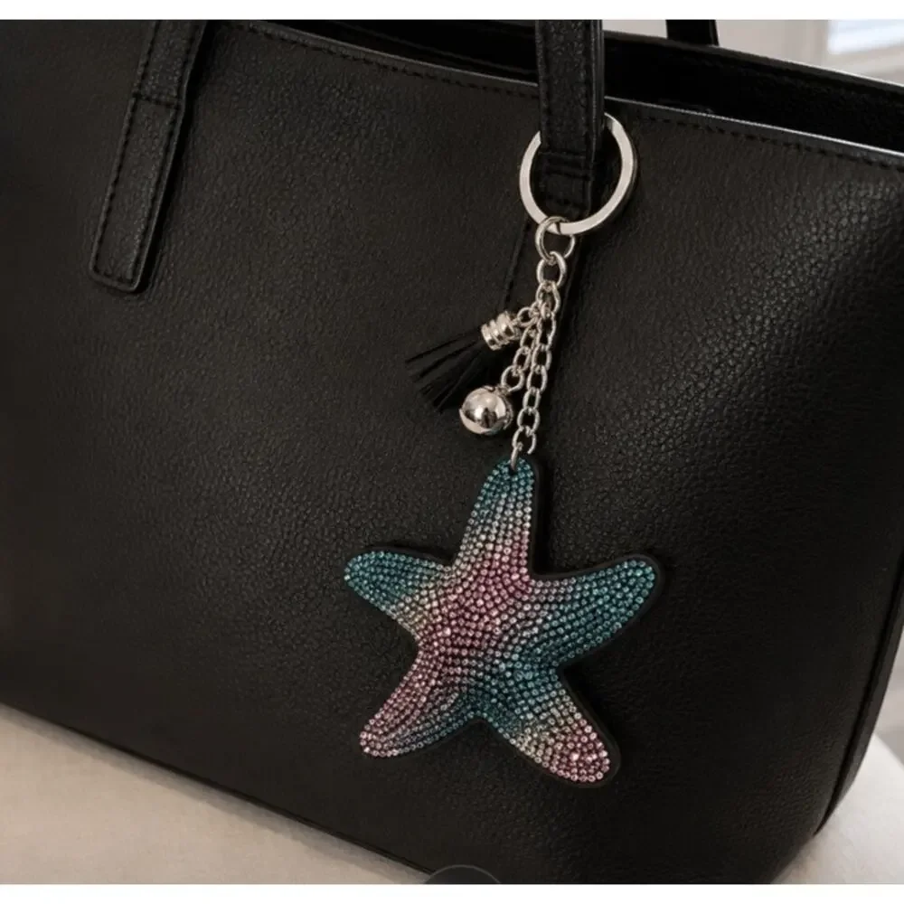 Black Colorful Rhinestone Starfish Bag Charm Key Chain New